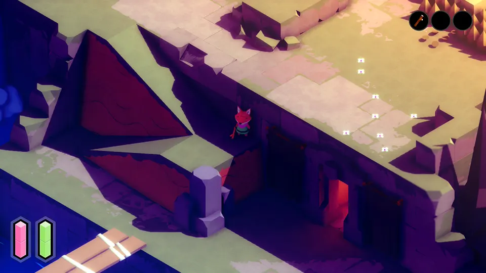 Slope down with red door in the indie game TUNIC