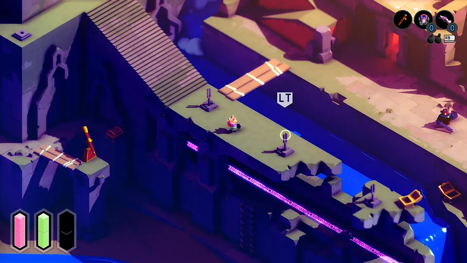 Fox at the top of the wall, going back to the windmill in the indie game TUNIC