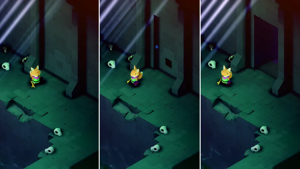 Sequence of images showing a secret door being activated in the underground of indie game TUNIC