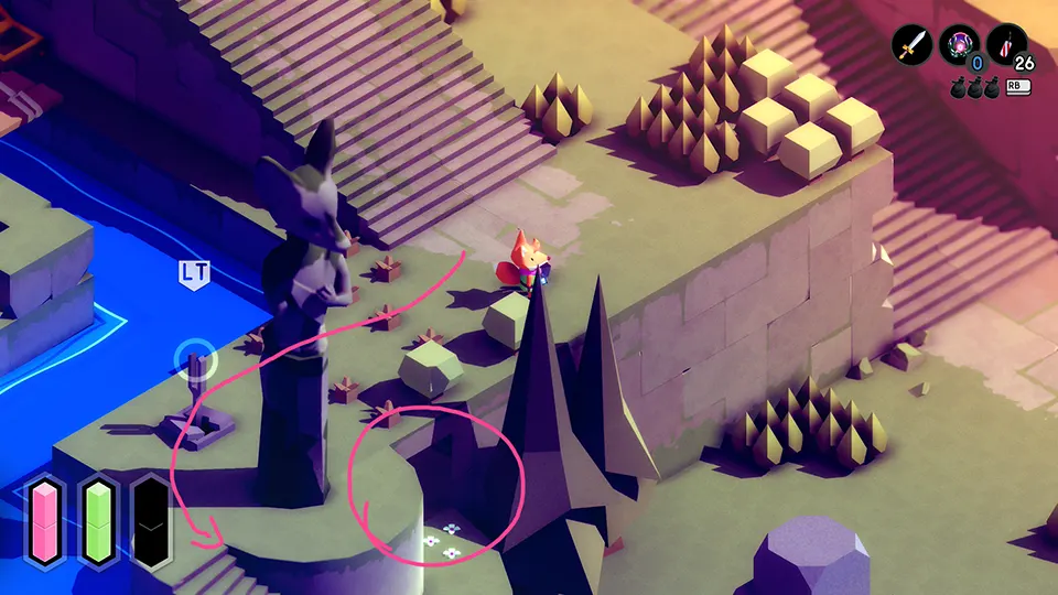 Location of a secret room with a fairy in the overworld by the fox statue near the beginning area in the indie game TUNIC