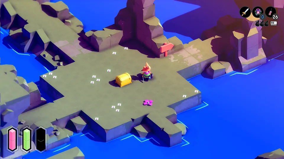Field of flowers with a fairy chest close to Forest Fortress in indie game TUNIC