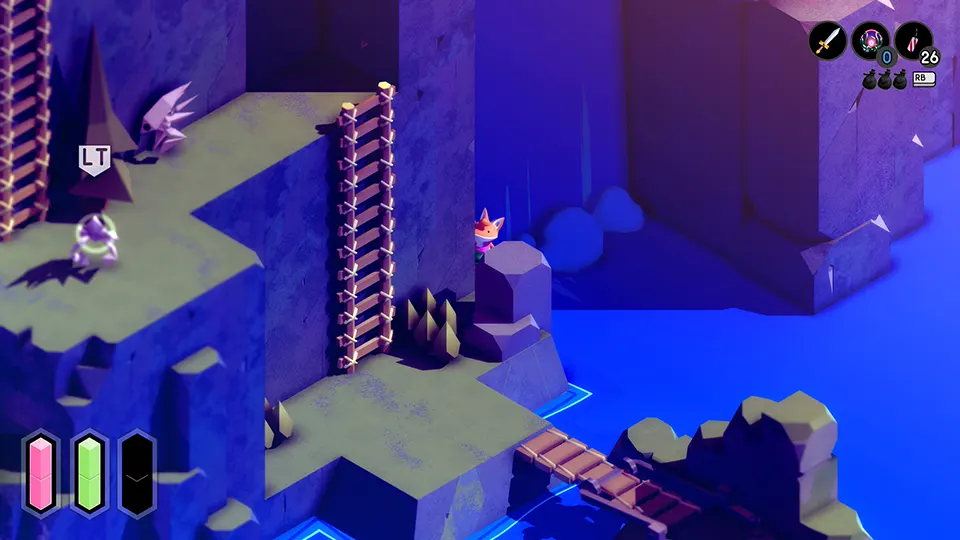 Secret entrance beside waterfall in the overworld of the indie game TUNIC