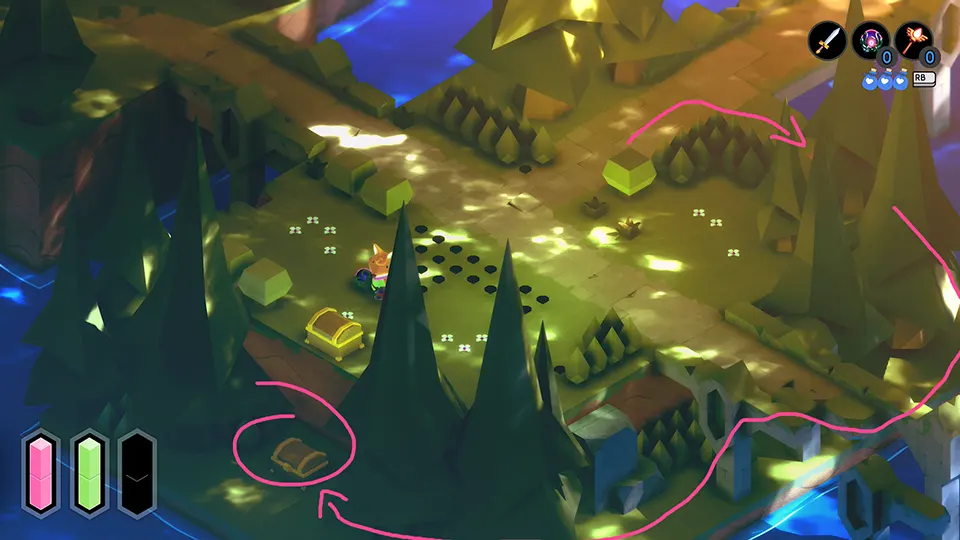 Location of the coin in the lower forest in the indie game TUNIC