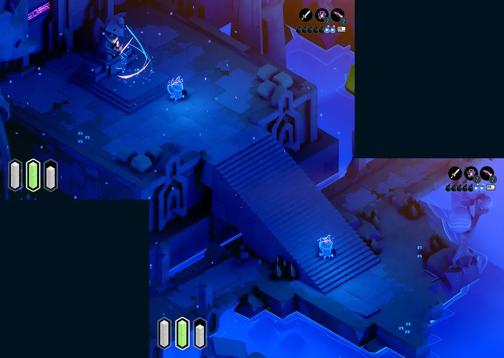 The hero's tomb in the West Garden during night in the indie game TUNIC