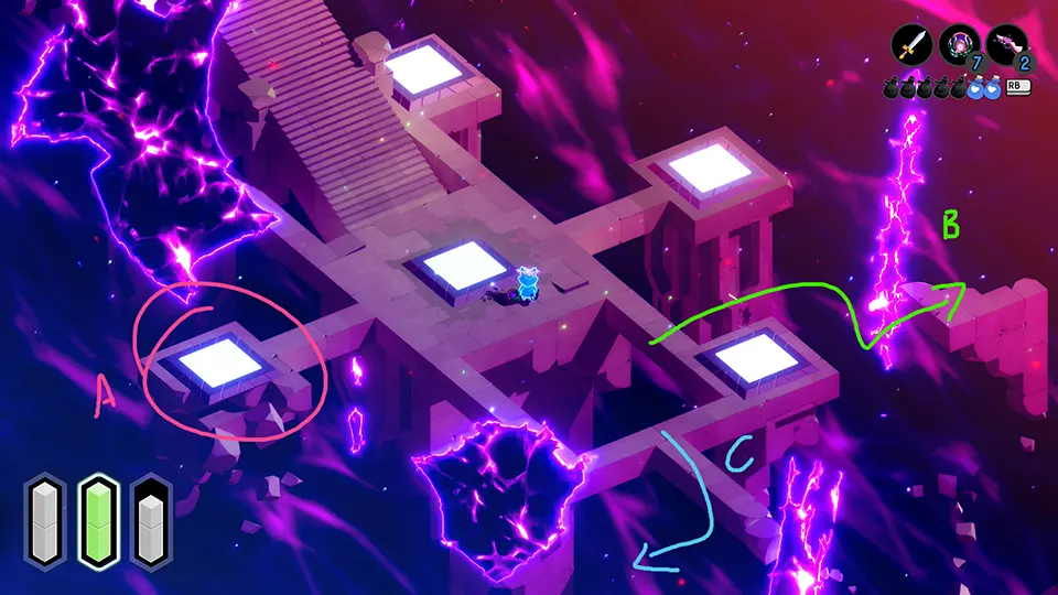 Points of interest in the teleporter hub during night in the indie game TUNIC