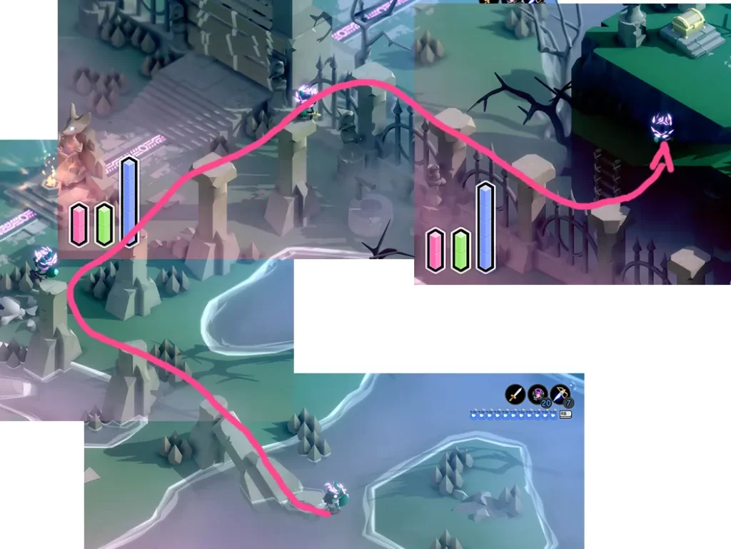 Map showing alternative way to get into the Cathedral during the day after defeating the final boss in indie game TUNIC