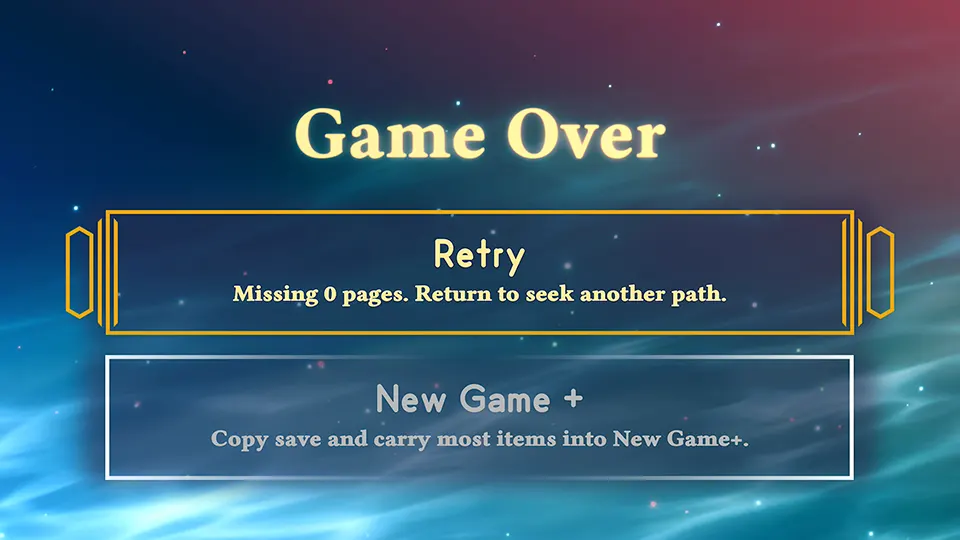 Final screen of the gaming showing the options to either start a new game plus or retrying to try for a better ending in the indie game TUNIC
